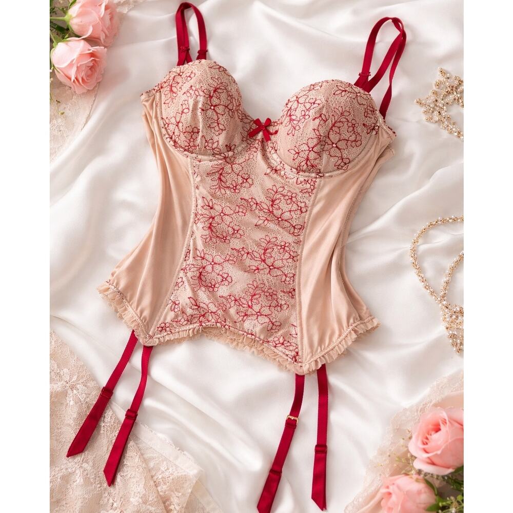 Victoria’s Secret Red Lace Satin Bustier Corset 36C Lace-Up Valentine Lingerie